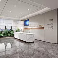 Modern Office Reception Area With Bright Lighting Marble Countertop Green Plants And City View