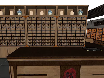 Traditional Chinese Medicine Pharmacy Interior With Wooden Drawer Cabinets Ceramic Jars And Red Sign Counter 3d model