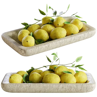 Fresh Lemons Arranged in Stone Tray with Green Leaves and Stems 3d model