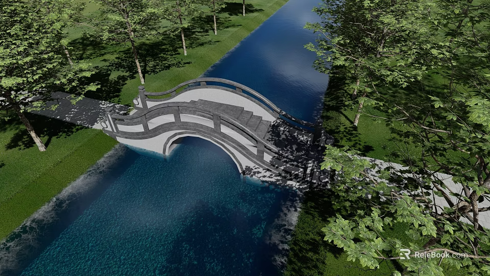 Scenic Landscape Bridge Over Calm Water With Lush Green Trees And Grass 3d model 