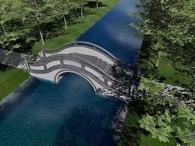 Scenic Landscape Bridge Over Calm Water With Lush Green Trees And Grass 3d model