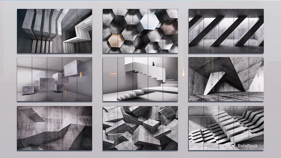 Modern Geometric Background Wall With 3D Concrete Textured Patterns And Structural Design 3d model 