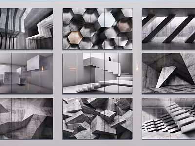 Modern Geometric Background Wall With 3D Concrete Textured Patterns And Structural Design 3d model