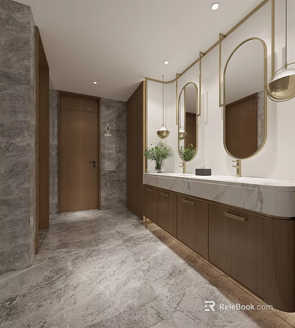 Public Restroom Interior With Marble Countertop Wooden Cabinets Round Mirrors Pendant Lights And Green Plant 3d model 