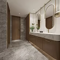Public Restroom Interior With Marble Countertop Wooden Cabinets Round Mirrors Pendant Lights And Green Plant