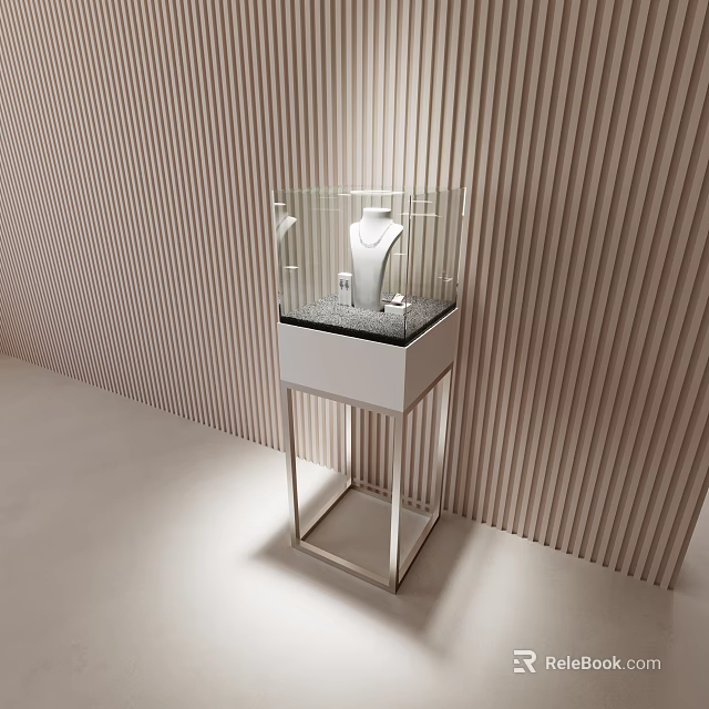 Modern Minimalist Dressing Table with Glass Jewelry Display Metal Frame and Vertical Striped Wall 3d model 