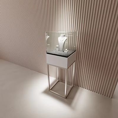 Modern Minimalist Dressing Table with Glass Jewelry Display Metal Frame and Vertical Striped Wall 3d model
