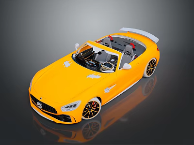 Yellow Convertible Sports Car With White Rear Spoiler Black Interior And Golden Wheels 3d model