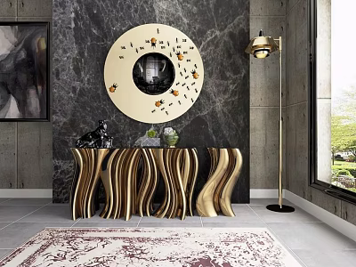 Wavy Wooden Console Table With Marble Wall Round Mirror And Decorative Floor Lamp 3d model