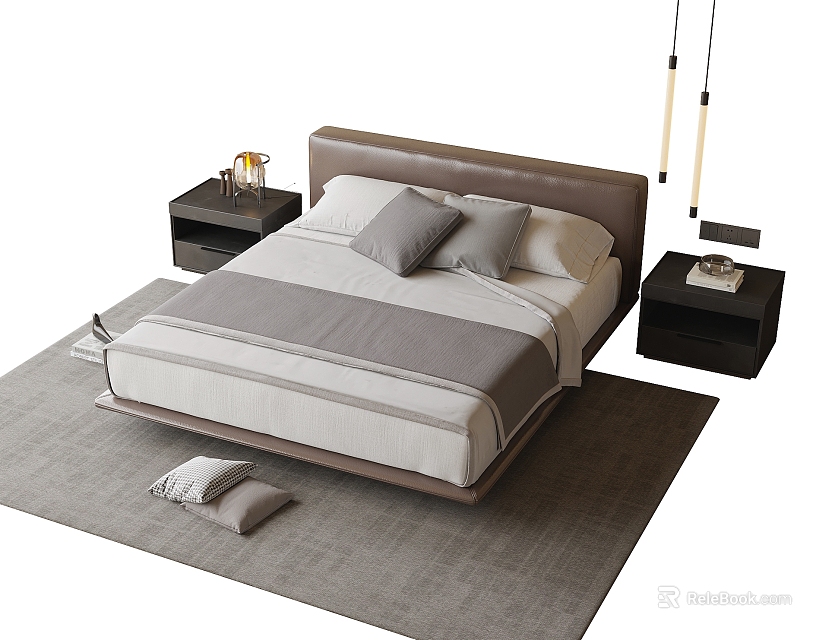 Modern Double Bed Interior With Nightstands Pendant Lights And Soft Bedding 3d model 