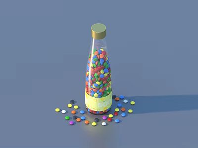 Glass Bottle With Golden Cap Filled With Colorful Candies And Scattered Around 3d model