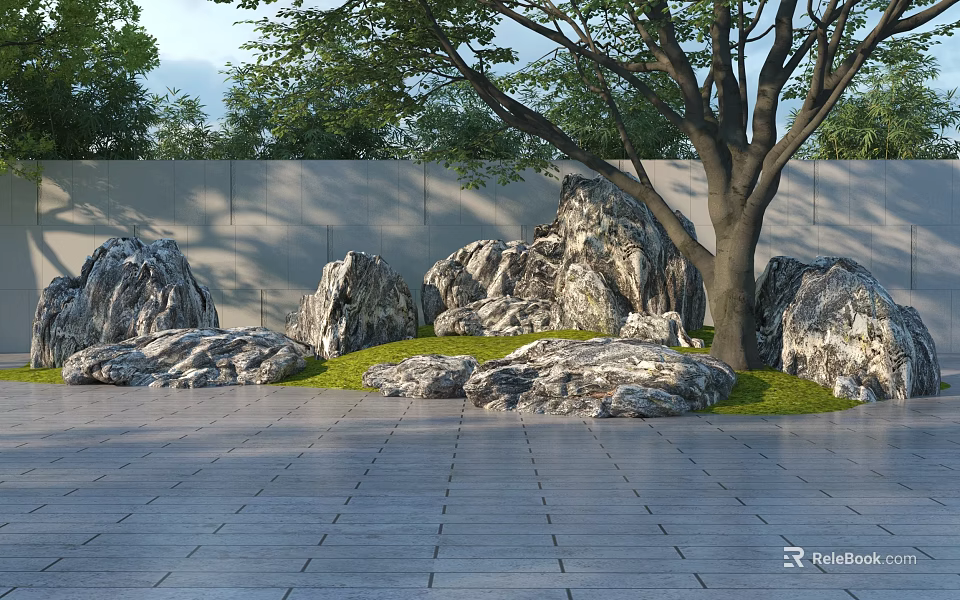 Garden Ornament with Rockery Stones Large Tree and Green Grass on Stone Pavement 3d model 