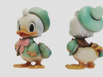 Game Movie Character Duck Figure With Green Hat Pink Bow Green Coat Front Back Views 3d model