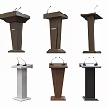 Different Wooden And Colored Podiums With Microphones In Various Styles