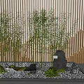 Lush Green Bamboo Plants with Wooden Slat Wall Stones Small Greenery and Soft Lighting