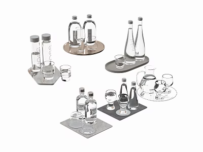 Clear Glass Drinking Cups Set With Tray And Bottles For Home Bar Use 3d model