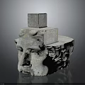 Granite Stone Head Sculpture With Carved Facial Features And Stacked Cube Top