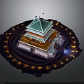 Traditional Chinese Multi story Tower With Green Roof Circular Lights And Night Illumination