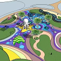 Vibrant Children's Playground With Colorful Wavy Ground Fountain Trees And White Slide