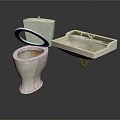 White Bathroom Toilet With Open Lid And Wall Mounted Sink Fixture