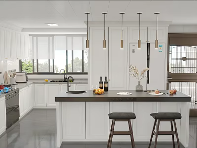 Modern Kitchen Interior With White Cabinets Black Countertop Island Hanging Lights And Bar Stools 3d model