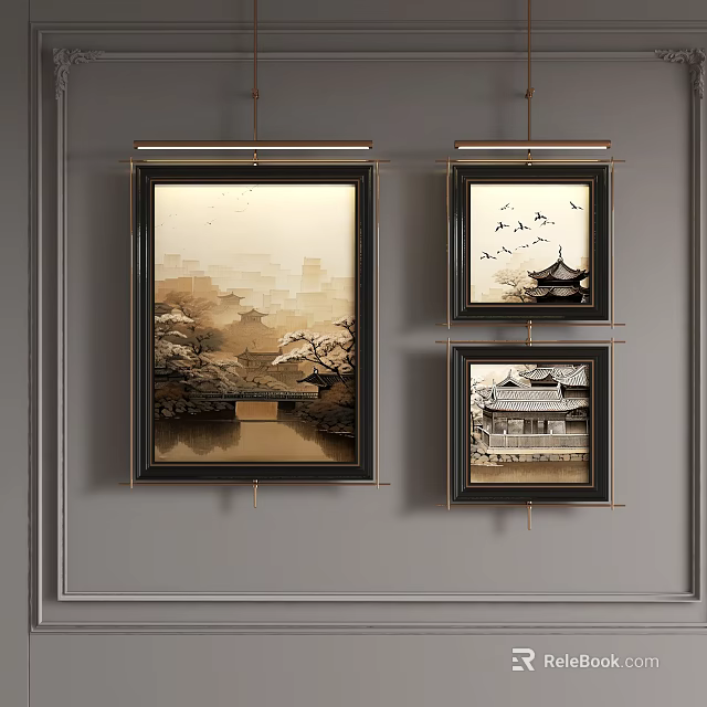 Abstract Paintings With Traditional Landscape Elements Hanging In Black Frames On Gray Wall 3d model 