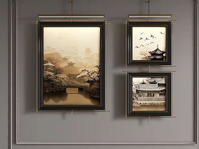 Abstract Paintings With Traditional Landscape Elements Hanging In Black Frames On Gray Wall 3d model