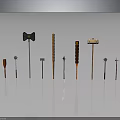 Various Medieval Weapons Displayed on Dark Background With Metallic And Wooden Handles Showing Shiny Reflections