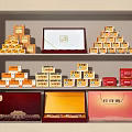 Elegant Decorative Ornament Set With Colorful Boxes And Gold Red Packaging On Shelves