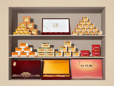 Elegant Decorative Ornament Set With Colorful Boxes And Gold Red Packaging On Shelves 3d model