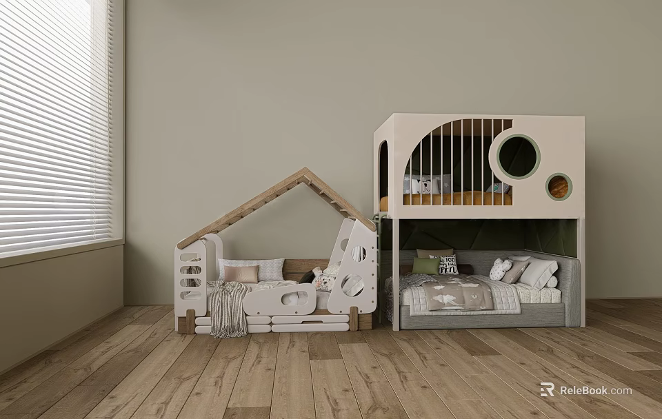 Creative Bunk Beds House Shaped Two Tier With Wooden Frame Round Window For Kids Room 3d model 