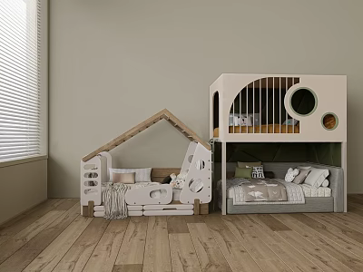 Creative Bunk Beds House Shaped Two Tier With Wooden Frame Round Window For Kids Room 3d model