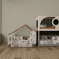 Creative Bunk Beds House Shaped Two Tier With Wooden Frame Round Window For Kids Room