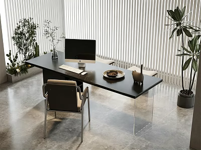 Modern Black Desk With Computer Monitor Keyboard Fruit Bowl And Green Plants 3d model