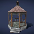 Ornate Classical Wooden Gazebo With Tile Roof Railing And Stone Steps