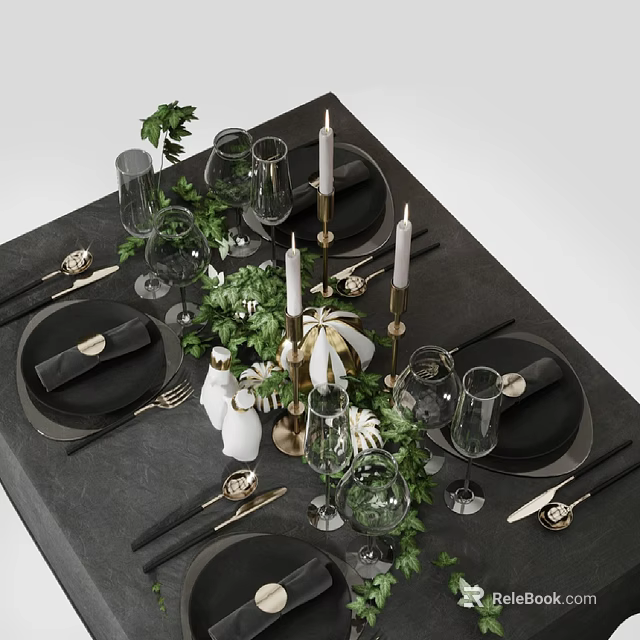 Elegant Tableware Set with Black Plates Wine Glasses Candles and Green Foliage 3d model 