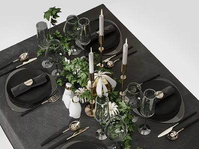 Elegant Tableware Set with Black Plates Wine Glasses Candles and Green Foliage 3d model