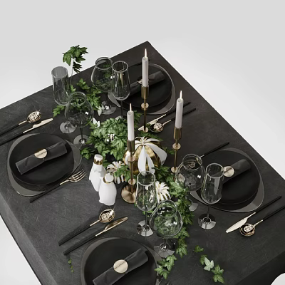Elegant Tableware Set with Black Plates Wine Glasses Candles and Green Foliage 3d model
