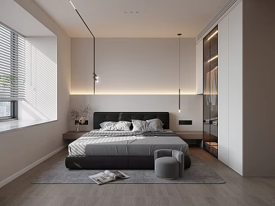 Modern Bedroom Interior With Black Headboard Bed Gray Bedding Pillows Recessed Lighting And Window Blinds 3d model