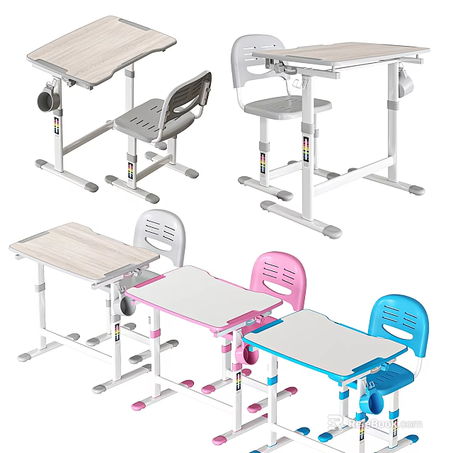 Kids Adjustable Height Study Desk With Colorful Chair And Modern Design 3d model 