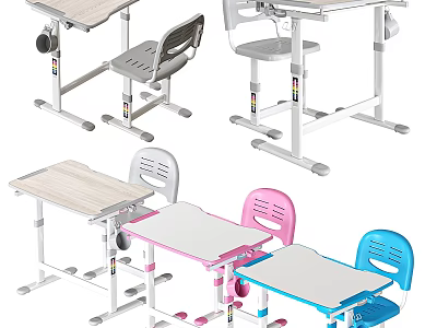 Kids Adjustable Height Study Desk With Colorful Chair And Modern Design 3d model