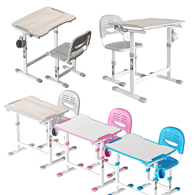 Kids Adjustable Height Study Desk With Colorful Chair And Modern Design 3d model