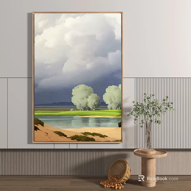 Serene Landscape Painting on Wall with Potted Plant and Modern Interior Decor 3d model 