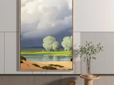 Serene Landscape Painting on Wall with Potted Plant and Modern Interior Decor 3d model