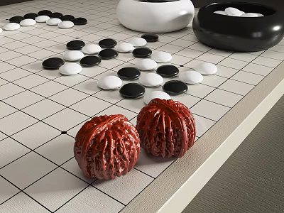 Two Red Walnuts Placed on Traditional Go Board with Black White Stones and Bowls 3d model Two Red Walnuts Placed on Traditional Go Board with Black White Stones and Bowls 3d model