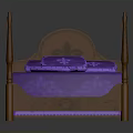 Classic Wooden Four Poster Bed Furniture With Purple Bedspread And Pillows