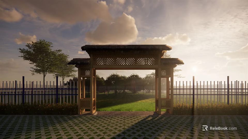 Traditional Wooden Entrance Gate With Carved Design In Park With Grass Trees And Blue Sky 3d model 