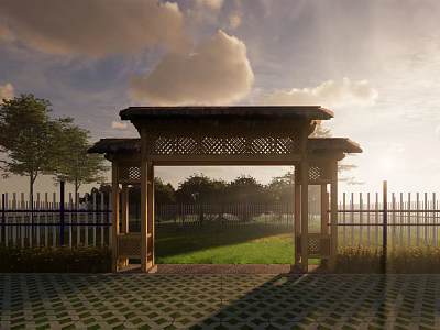 Traditional Wooden Entrance Gate With Carved Design In Park With Grass Trees And Blue Sky 3d model