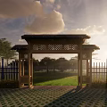 Traditional Wooden Entrance Gate With Carved Design In Park With Grass Trees And Blue Sky