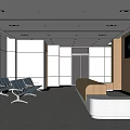 Modern Waiting Area with Blue Chairs White Walls Wooden Accents Reception Desk and TV Screen